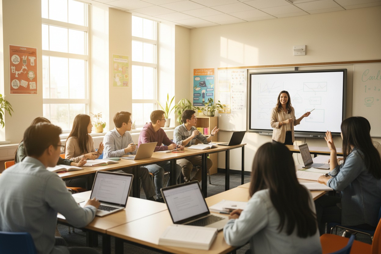 A smiling female instructor points to a diagram on a digital whiteboard in front of a classroom of adult students seated at desks with laptops.