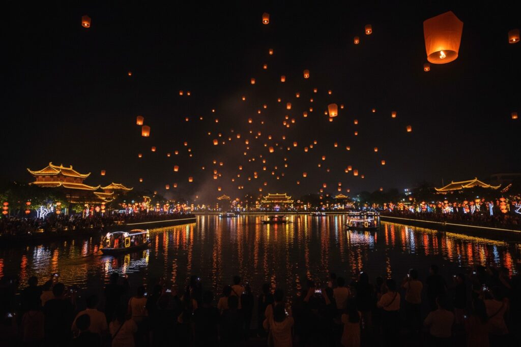 Glowing sky lanterns drift into the dark night sky above a crowded waterfront where boats cruise on a river reflecting the lights.